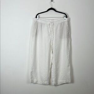 Talbots White Linen Pants Womens 18 Wide Leg Cropped Drawstring Waist Pants